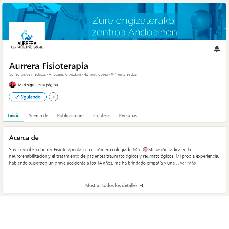 Aurrera fisioterapia gestión redes sociales linkedin